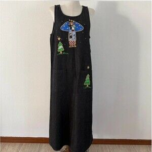 Vtg Quacker Factory Black Denim Jumper Dress Christmas Angel Trees Maxi M